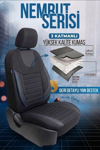 Nemrut Serisi Lakost Kumaş Universal Oto Koltuk Kılıfı Tam Set Siyah-Mavi