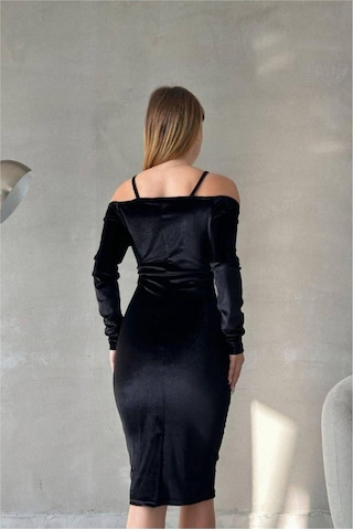 Lior Design Kadın Vintage Kalp Yaka Balık Kesim Uzun Kollu Abiye Elbise Siyah