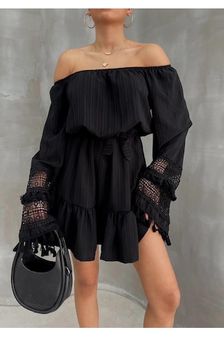 Nana & Mayka Moda Kadın Siyah Madonna Yaka Mini Elbise Bohem Tarz Püsküllü Kuşaklı Yazlık Siyah