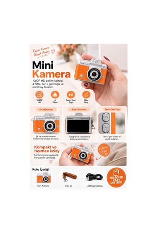 Mimtec Blm-110 Mini Retro Dijital Kamera - Flaşlı Katlanabilir Ekran 1080p Hd Video Selfie Vlog Kamerası Turuncu