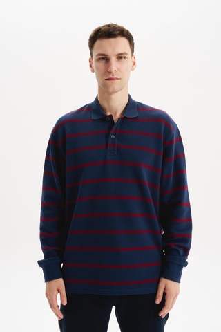 AR-MA Arma Erkek Büyük Beden Çizgili %100 Pamuk Ringel Ottoman Kumaş Polo Yaka Ribanalı Sweatshirt K30554801602 İndigo