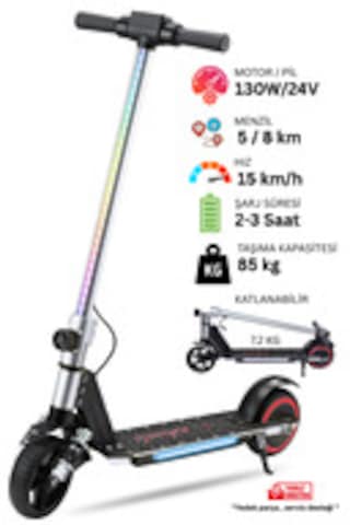 Elektrikli Çocuk Scooter - Çift Frenli Katlanabilir - Led Işıklı - Ön Çift Süspansiyonlu 8+ Gri