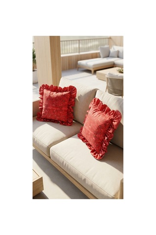 2 Adet %100 Pamuk Simli Kırmızı Desenli Fırfırlı Kırlent Kılıfı 40x40 Kırmızı - 900619166 Kırmızı