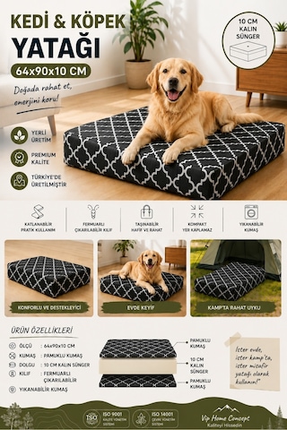 Büyük Irk Köpek Yatağı Süngerli Fermuarlı Yıkanabilir Kılıflı Köpek Minderi 64x90x10 Cm-karaçatı