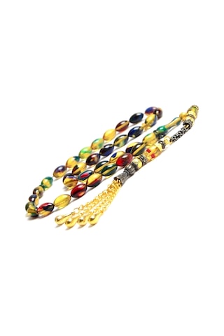 Burhan Sağlam Arpa Kesim 11 x 7 MM Ateş Kehribar Alpaka Püsküllü Tesbih Çok Renkli 12503949