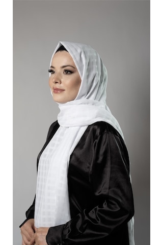 Hürrem Bone Beyaz Desenli Şal Şifon Kumaş Kareli Çizgili 202107 42 Beyaz