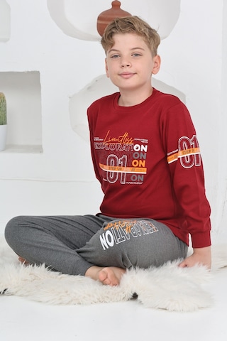 Modanino Erkek Çocuk Baskılı %100 Pamuk İnterlok Kumaş Pijama Takımı 12446 Bordo