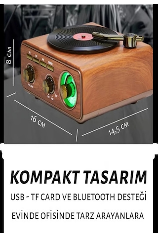 Nostaljik Tasarım Plak Çalar Görünümlü Radyolu Hoparlör Müzik Plak Kahverengi