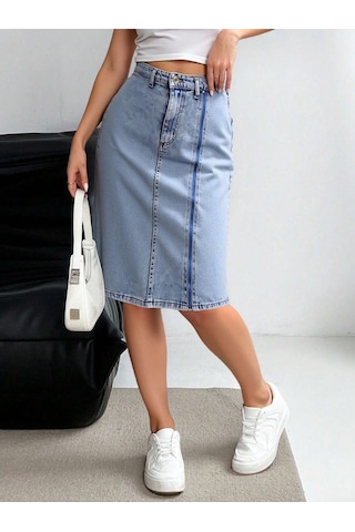 Shevega Kadın Taş Yikama Ön Fermuar Detayli Kot Etek Mavi