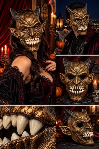 Halloween Boynuzlu Şeytan Yüz Maskesi Eskitme Bronz Altın Cadılar Bayramı Korku Kostüm Aksesuarı