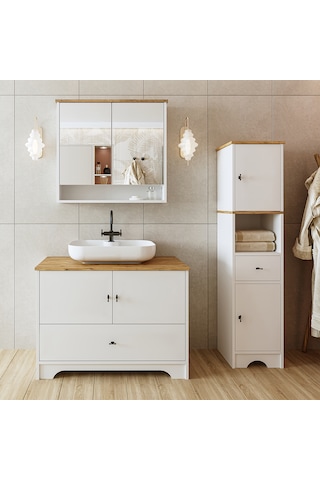 Oval Lavabolu Mat Beyaz Mdf 100 Cm Çekmeceli Banyo Dolabı Aria Atlantik Çam - Beyaz