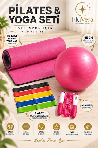 Pilates Seti 16 Mm Yoga Matı 65 Cm Pilates Topu 5 Farklı Seviye 5'li Direnç Bandı Atlatma İpi Evde Spor Seti Pembe