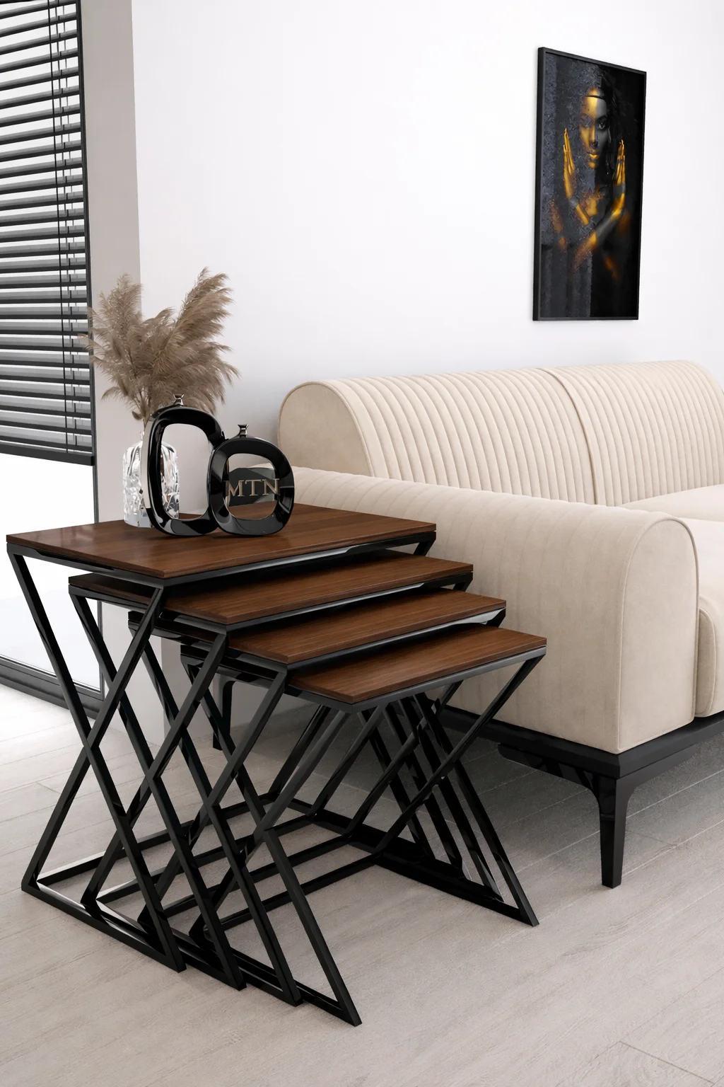 4'lü Zigon Siyah Renk Metal Ayaklı Ceviz Renk Mebran Mdf Üst Tabla 4'lü Zigon Sehpa Seti Salon /koltuk Altı Sehpa Yan Sehpa - C Sehba Modern Sehba Siyah-ceviz