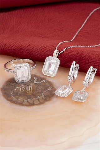 925 Ayar Gümüş Rodyumlu Baget Taşlı Sekizgen Bayan Takı Seti -8228 Gümüş