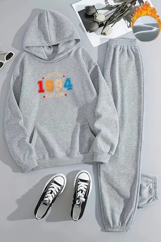 Unisex 1994 Lımıted Baskılı Kapüşonlu Gri Eşofman Takımı - Kışlık Şardonlu Kumaş Gri