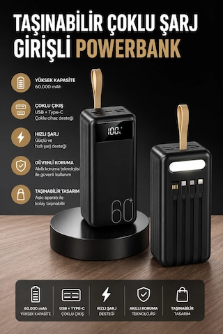 Powerbank 60.000 Mah 4 Portlu Uzun Şarj Süreli Dijital Göstergeli Çok Renkli
