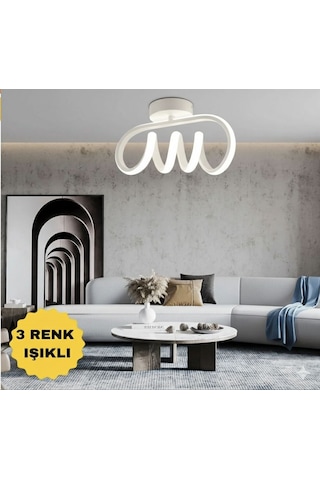 Burgu Beyaz Tavana Sıfır 3 Renk Led Işıklı Avize Beyaz