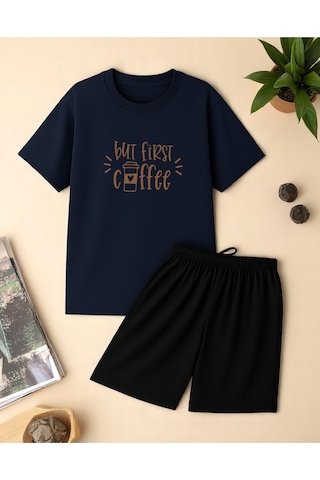 Uyguntarz But First Coffee Baskı Şort Takım Lacivert