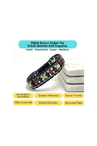 Sertifikalı Oğlak Burcu Disk Model Doğal Taş Erkek Bileklik Mıknatıslı Kilit Çok Renkli