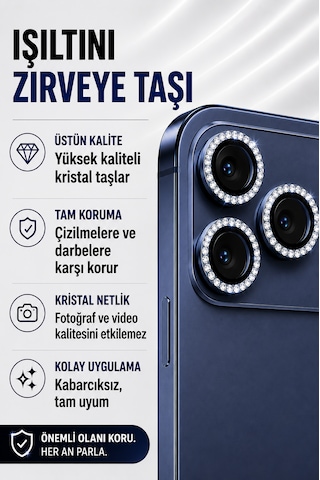 İphone 17 Pro / 17 Pro Max Uyumlu Taşlı Kamera Lens Koruyucu Abis