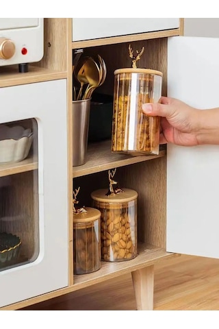 Morponi 3'lü Borosilikat Cam Geyik Figürlü Şık Çizgili Cam Kavanoz Mutfak Seti 500-750-1000 Ml Şeffaf