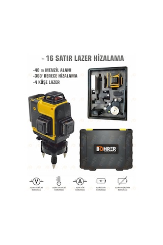 Böhrer Bh16stt Profesyonel 2x Li-on Batarya 4x360 16 Satır Otomatik Hizalama Çapraz Çizgi Lazer + Kumanda+tripod