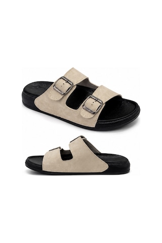 N Napa Shoe Pld.5002k.bej Napa Shoe Kadın Çift Tokalı Comfort Terlik Bej / Siyah Taban