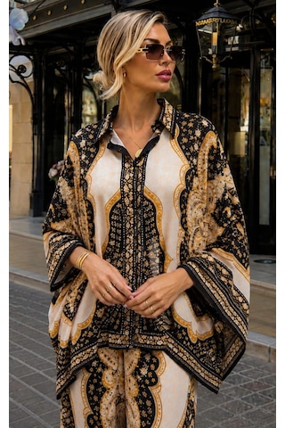 Tencelle Woman Kadın Jessica Kumaş Etnik Desenli Salaş Oversize Gömlek Pantolon İkili Takım Siyah Ekru Siyah Gold