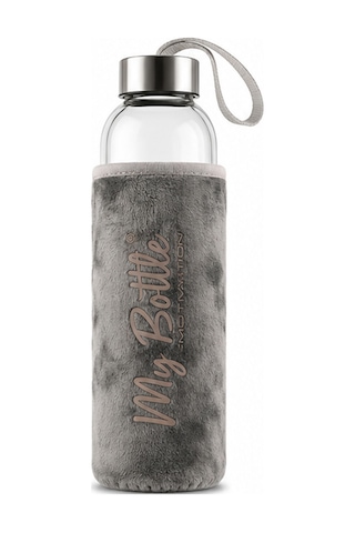 My Bottle Peluş Kılıflı Cam Matara Taşıma Askılı Şık Su Şişesi Stone Grey