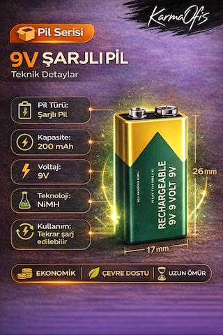 9v Şarj Edilebilir Pil 200 Mah Şarjlı Pil Dedektör, Mikrofon Ve Elektronik Cihaz Pili