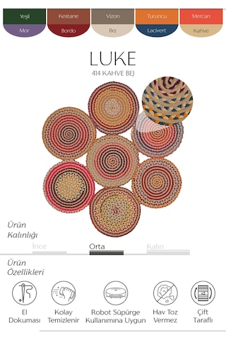 Cool Halı Luke 414 Renkli Yuvarlak Halı Bohem Örgü Hasır Kilim Dekoratif Mutfak Balkon Banyo Halısı