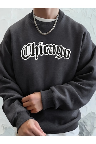 Tarzsokak Chicago Letter Baskılı Erkek Sweatshirtleri Kışlık Bisiklet Yaka Kapüşonlu Sokak Stili Polar Antrasit
