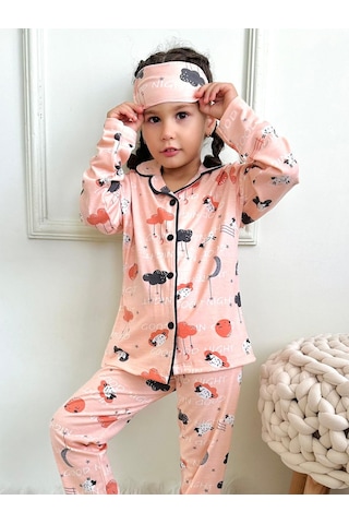 Kız Çocuk Kuzu Bulut Ay Figür Baskı Desenli Somon Renk Düğmeli Pijama Takımı Pembe - Pudra