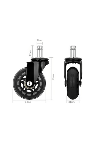 S-wheels Motion Silikon Oyuncu Koltuğu Tekeri 64mm Ofis Koltuk Tekeri Ultra Sessiz Sandalye Tekeri Siyah - Beyaz