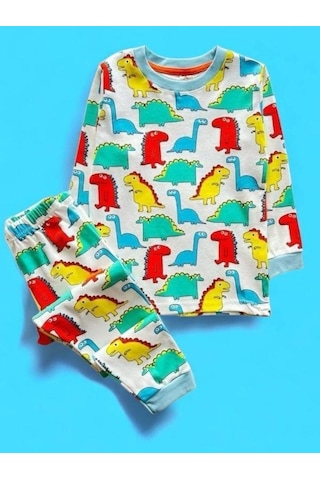 Cantoy Erkek Çocuk Pamuklu Dinazor Baskılı Pijama-15271 Beyaz
