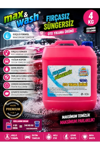 Max&wash 4 Kg Fırçasız Süngersiz Oto Yıkama Şampuanı 1/60 Konsantre Yoğun Köpük Boya Dostu Profesyonel Araç Yıkama Ürünü