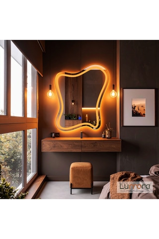 Elvenor Amber Led'li Lazer Kumlamalı Lavabo & Banyo Aynası Dokunmatik Sensörlü 90 X 70 Cm Cm Turuncu