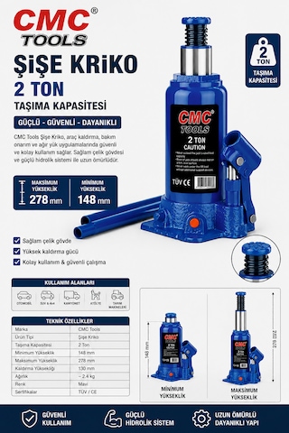 Cmc Tools Şişe Kriko 2 Ton Kapasiteli 278-148 Mm Yükseklik Sınırı Cmc8561