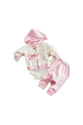 Kız Bebek Kapşonlu Hırkalı Takım 3lü Koyu Pembe -pembe - Beyaz