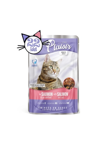 Plaisir Somonlu ve Morina Balıklı Pouch Yetişkin Kedi Yaş Maması 22 x 100 G