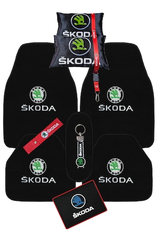 Skoda Araç Oto Halı Paspas & Dijital Baskılı Siyah Boyun Yastığı & Skoda Çok Parçalı Oto Seyahat Seti