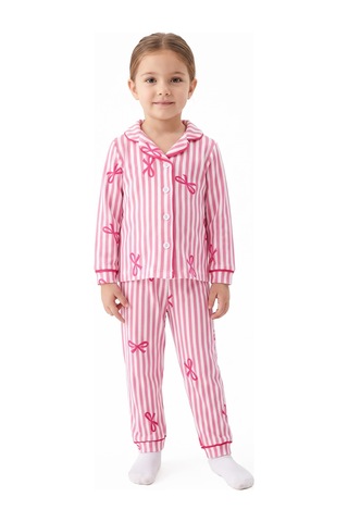 By Bebekodam Kız Bebek Beyaz Pembe Fiyonklu Çizgili Pijama Takımı