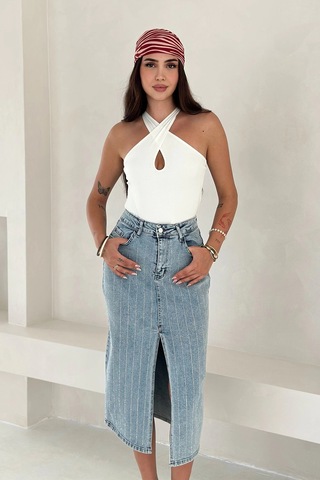 Paralel Taşlı Yırtmaçlı Denim Etek Mavi Mavi