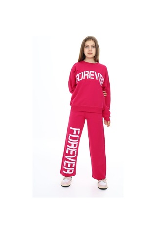 Angelos Girls Kız Çocuk Forever Baskılı Geniş Paçalı 2 İplik Eşofman Takımı Px7122 Fuşya