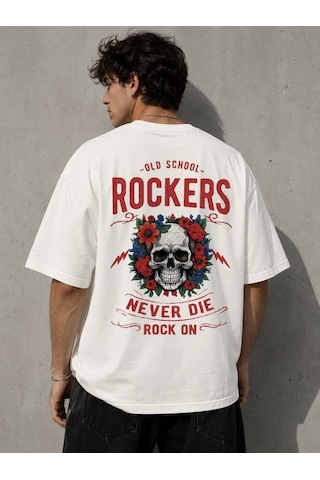 Montree Rockers Baskılı Oversize %100 Pamuk Premium Tişört Beyaz