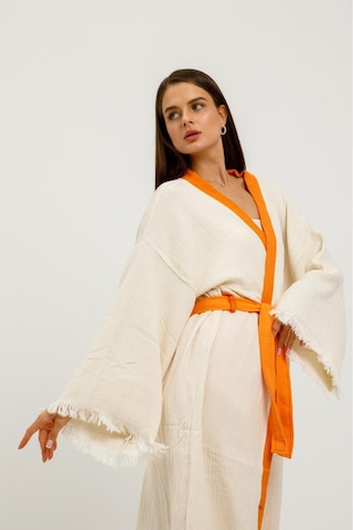 Befera Müslin Kimono Pamuklu Yoga Meditasyon Baskılı Desenli Bornoz Kaftan Sabahlık Ekru