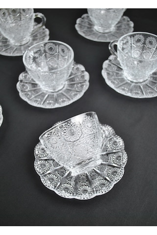 12 Parça Kristal Cam Çay Seti 200 Ml 6 Kişilik Lüx Çay Fincan Ta Şeffaf