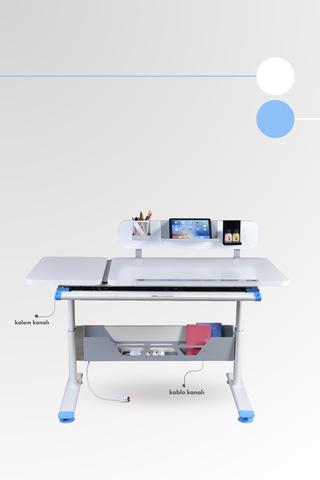 Vega Standart Yükseklik Ve Eğim Ayarlı, Çekmeceli Ergonomik Bilgisayar, Ofis Ve Çalışma Masası Mavi Gri