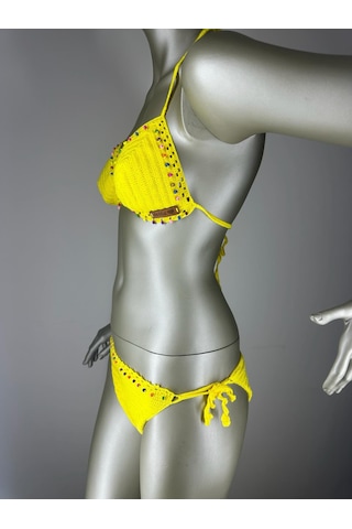 İvita Renkli Boncuk Detaylı Çok Tarz El Yapımı Tığ Örgüsü Bikini Sarı
