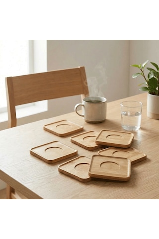 6 Lı Bambu Kare Çay Tabağı Seti 10x10 Cm Doğal Ahşap Görünümlü Servis Tabakları Ahşap